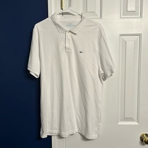 Vineyard Vines white polo with blue whale in large.